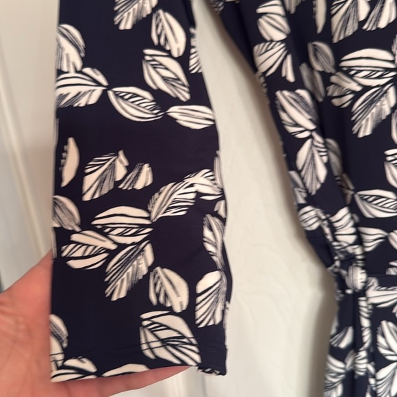 Leaf Print Navy Wrap Dress Fall Autumn Staple Work Business Office - Picture 6 of 6